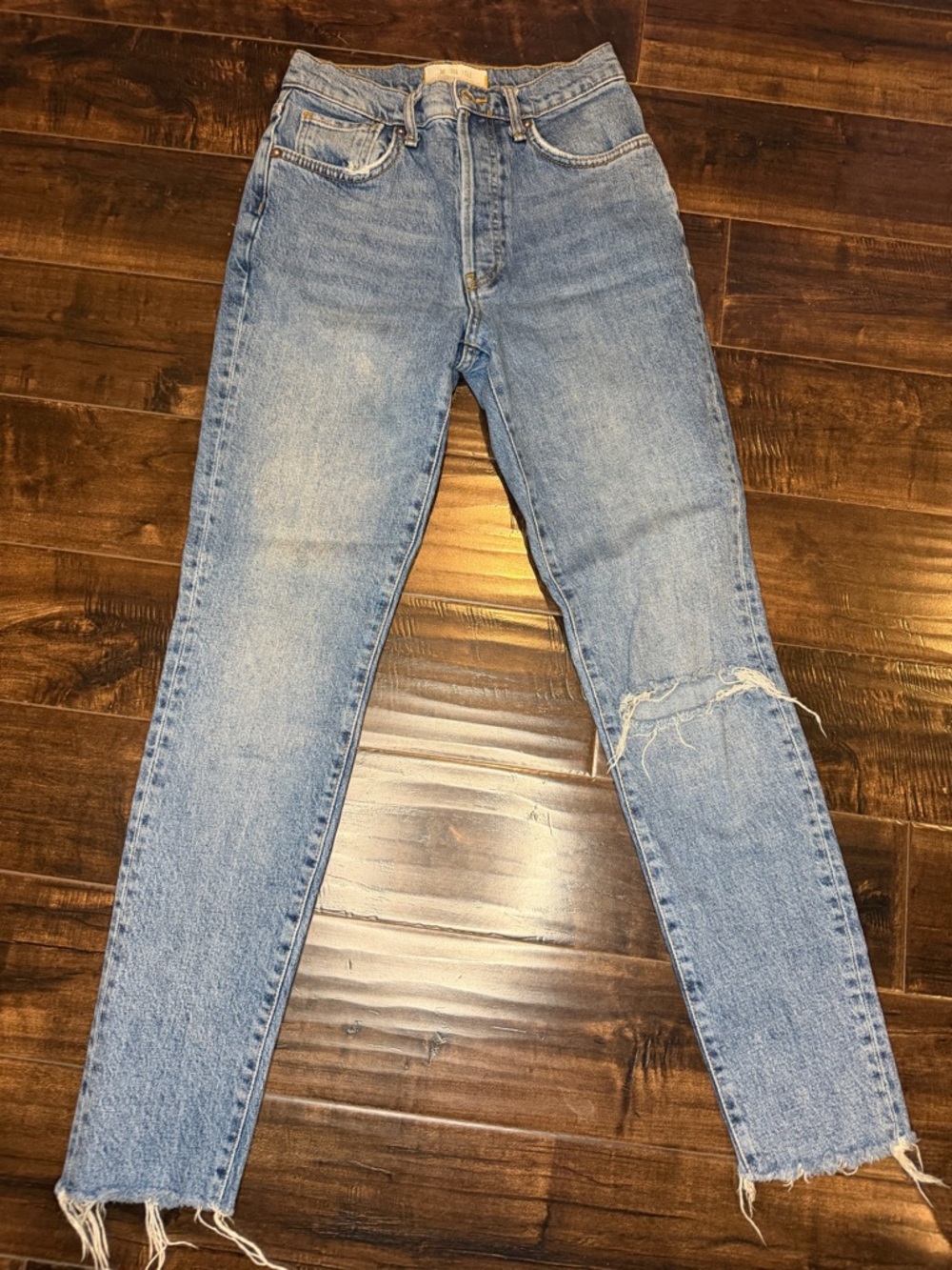 Free People We The Free Distressed Straight Leg Jeans Light Wash Raw Hem Size 26